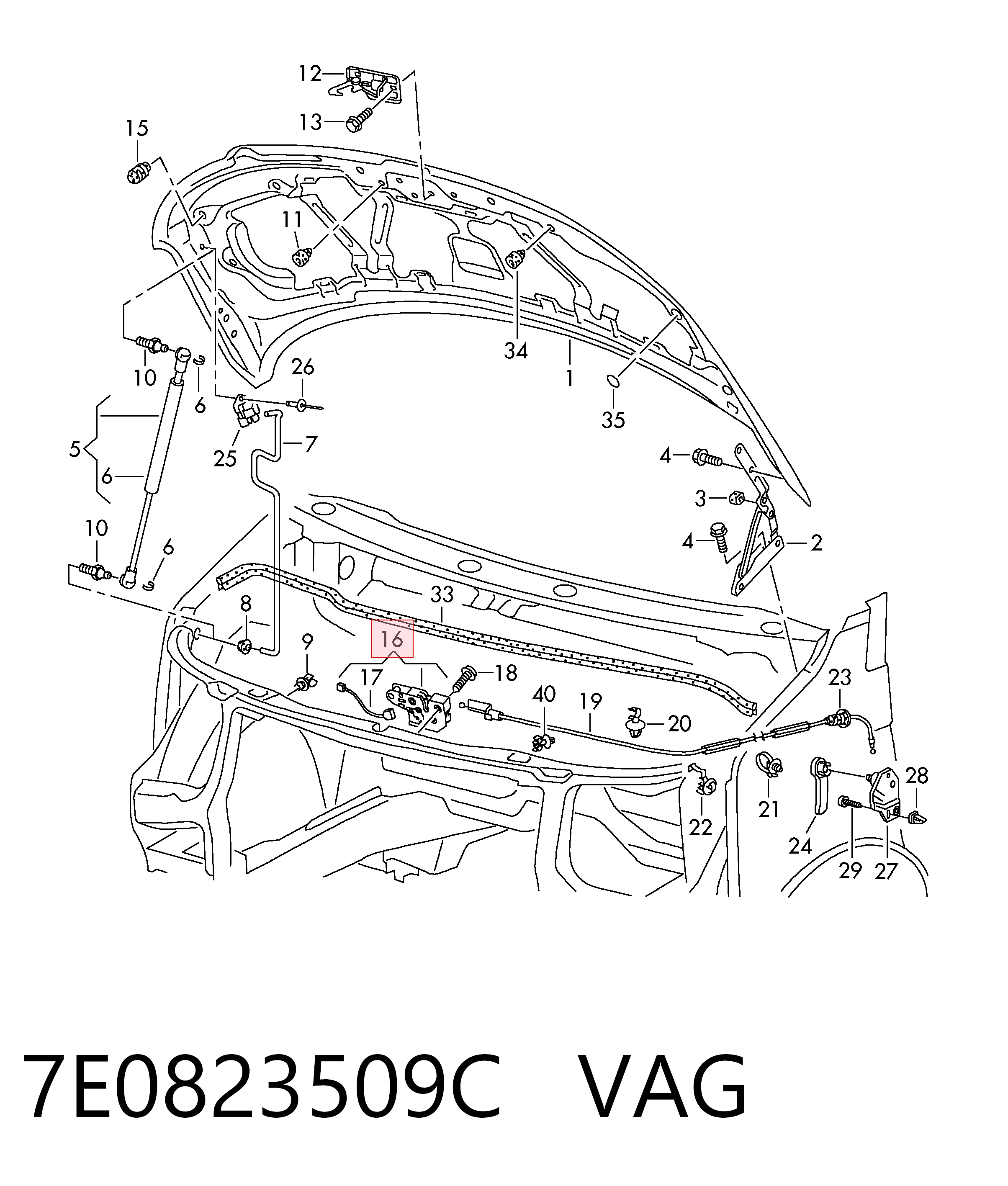 Запор капота (замок и привод замка капота) на Volkswagen Transporter T6 SGA, SGH, SHA, SHH
