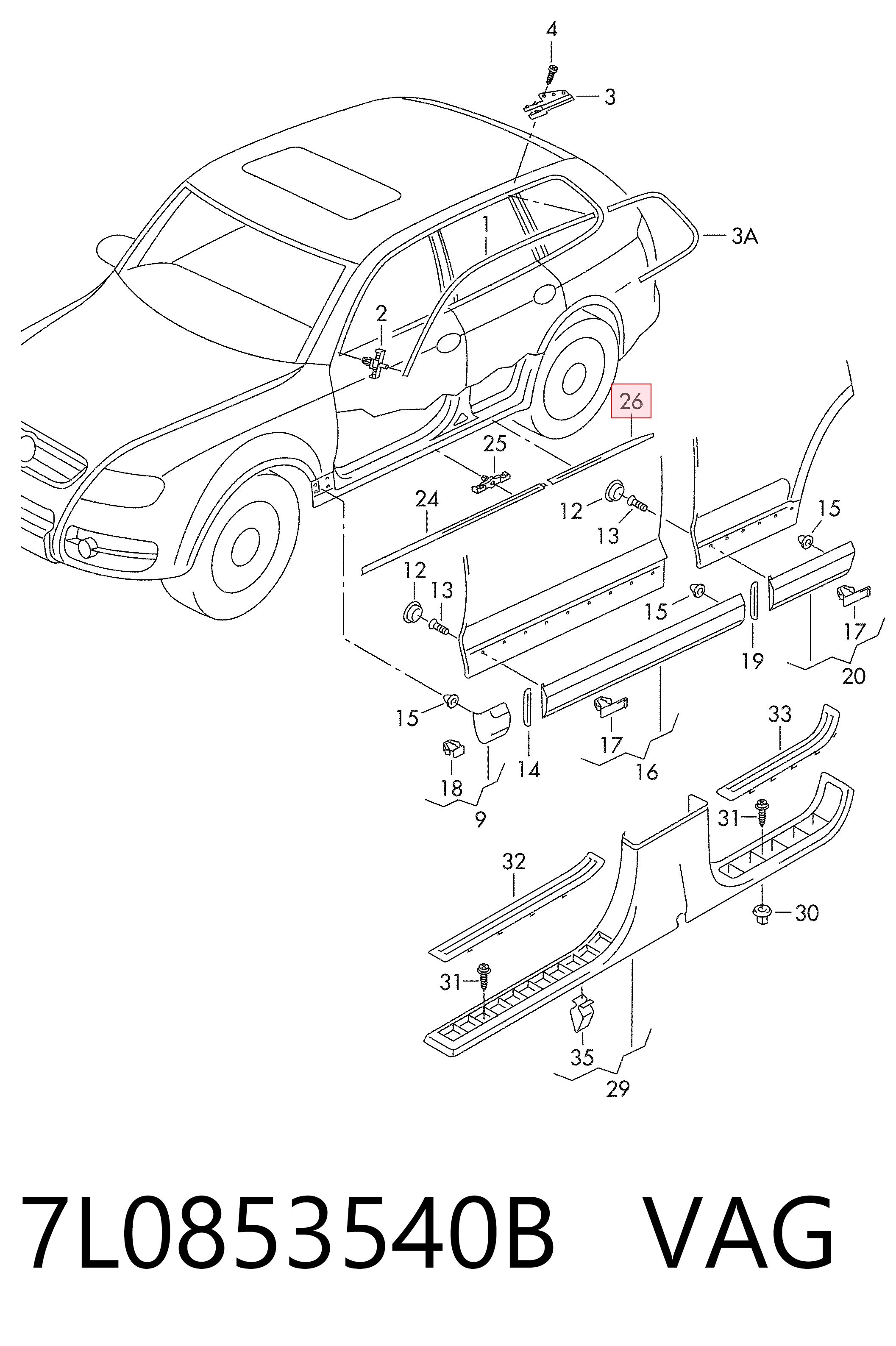 7L0853540B VAG Накладка наружняя (молдинг) порога, задняя правая