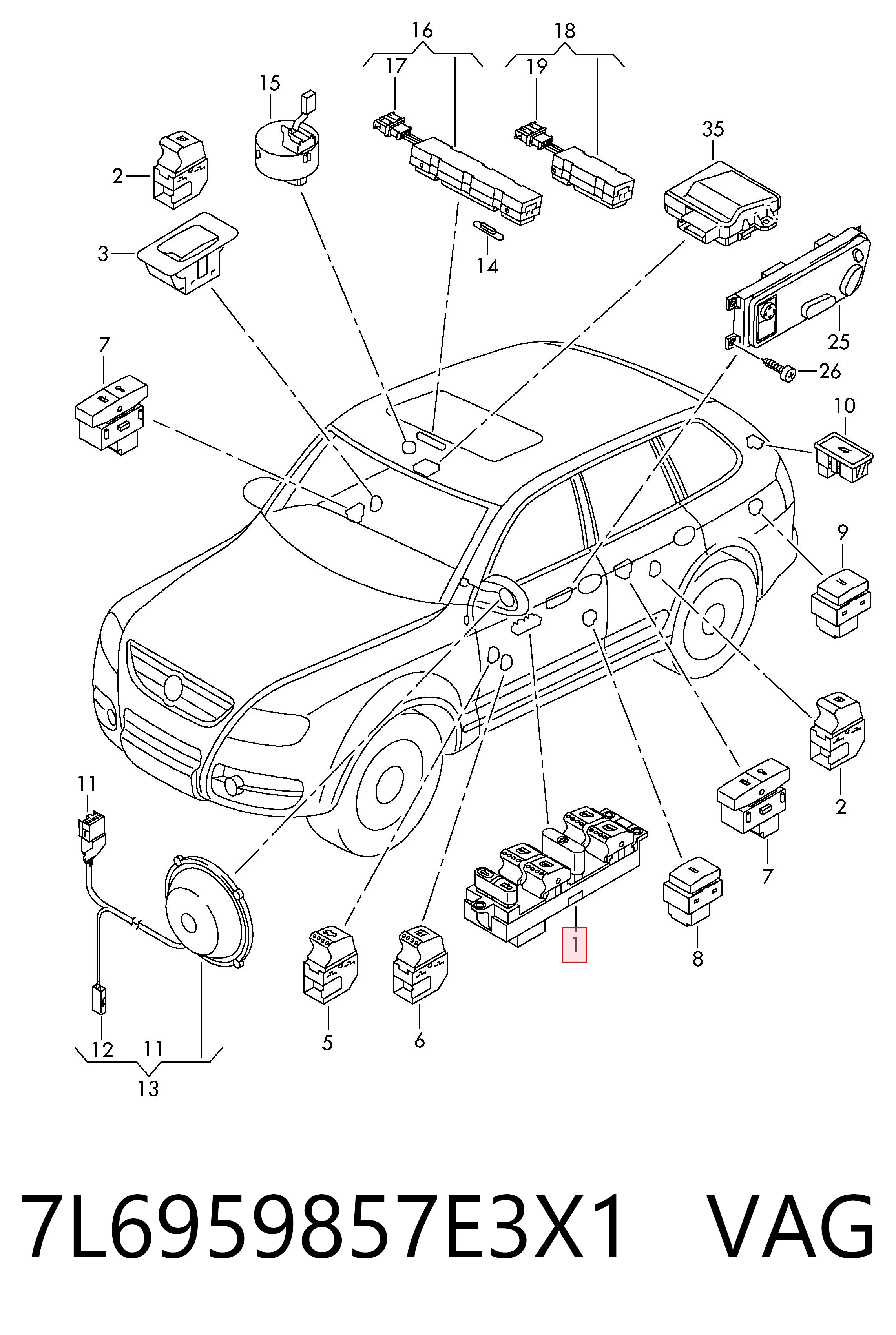 7L6959857E3X1 VAG Кнопки переднего левого стекло подъёмника
