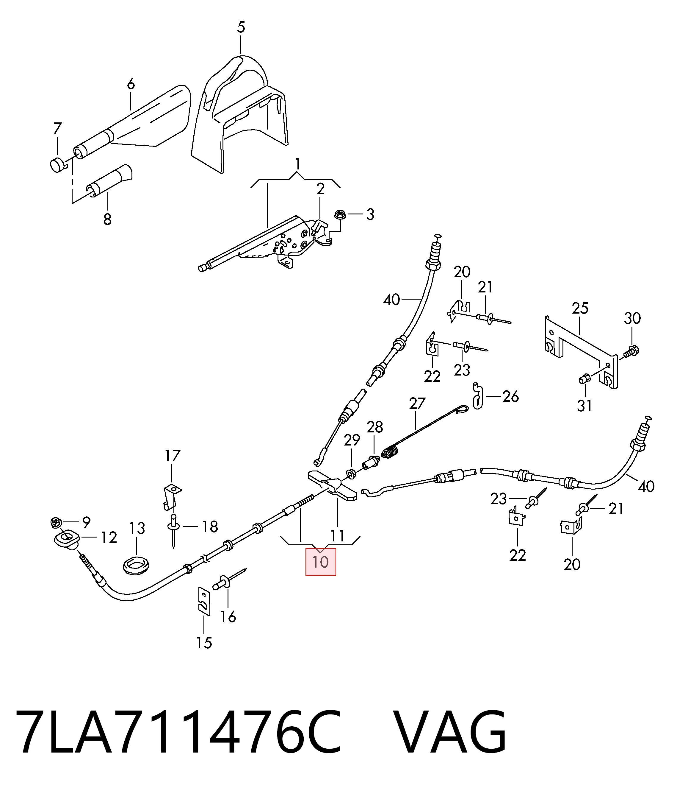 7LA711476C VAG Трос стояночного тормоза передний