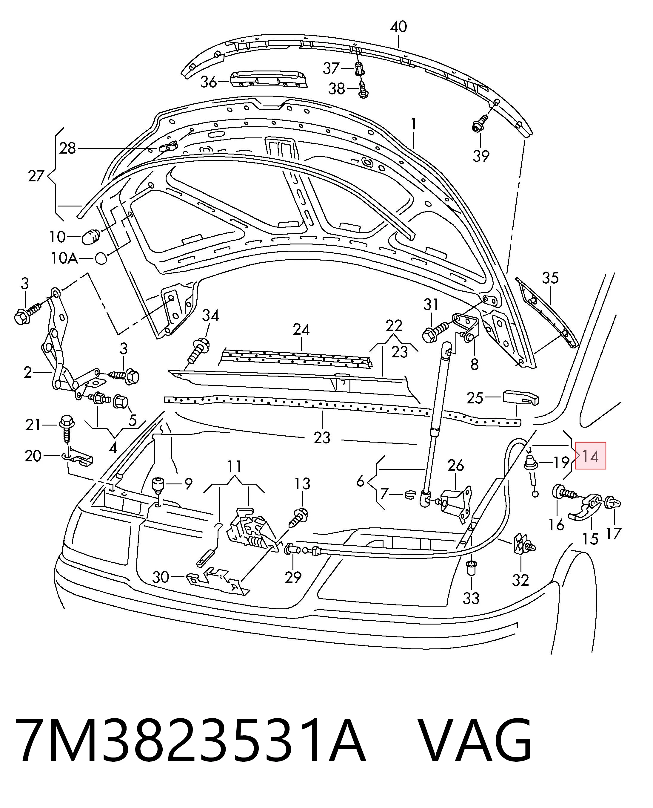 Трос открытия капота на Volkswagen Sharan I 7M8, 7M9, 7M6