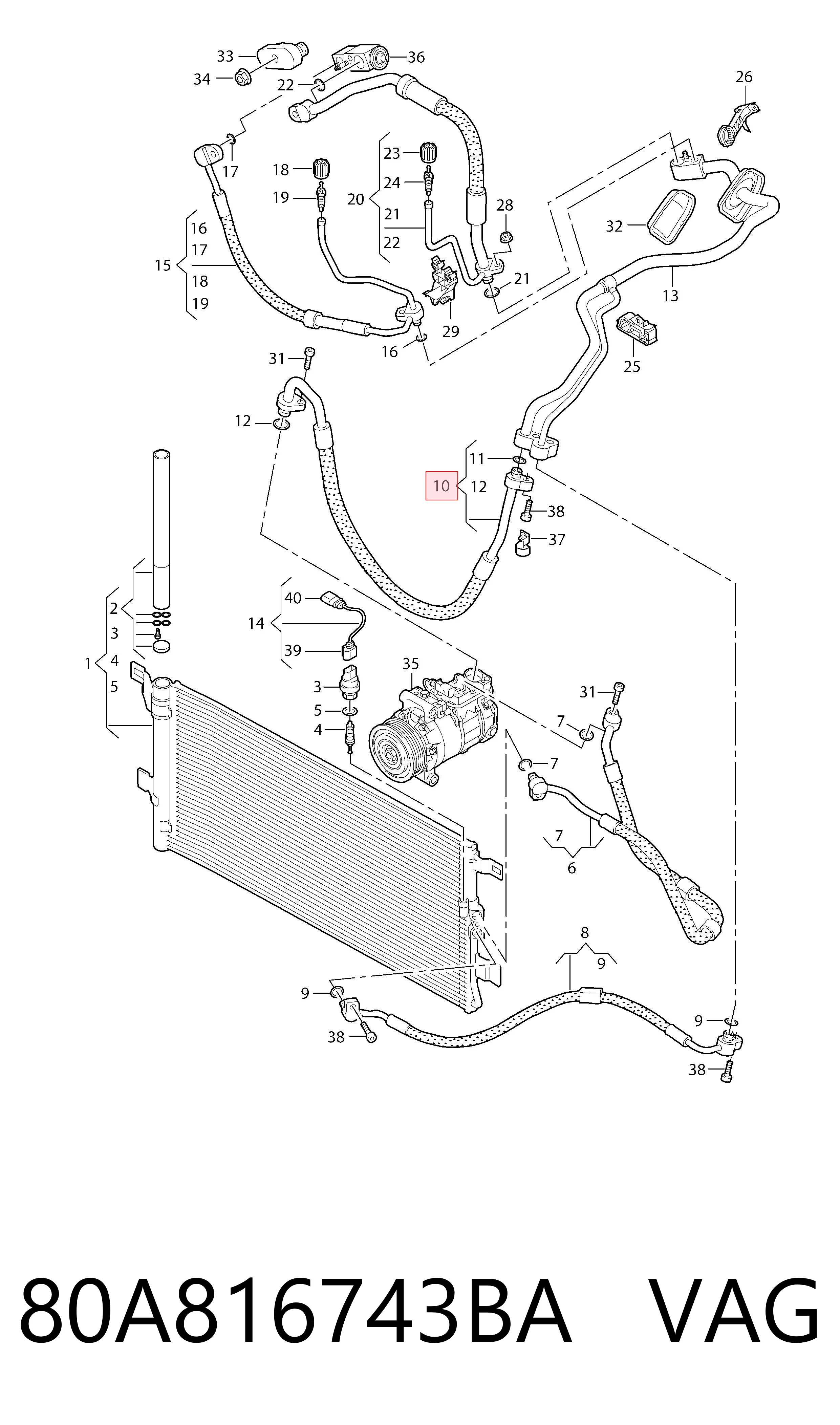 80A816743BA VAG Шланг кондиционера, от заднего испарителя к компрессору