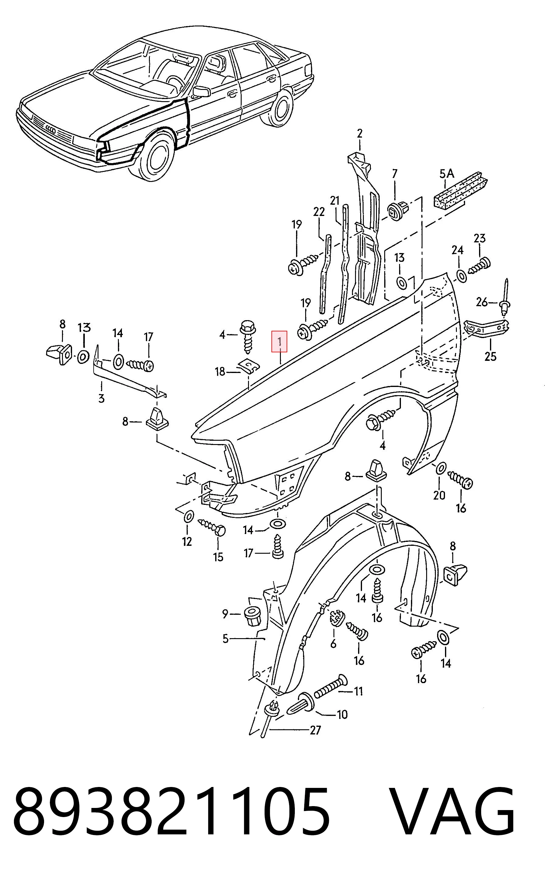 Переднее левое крыло на Audi 90 B3 89, 89Q, 8A