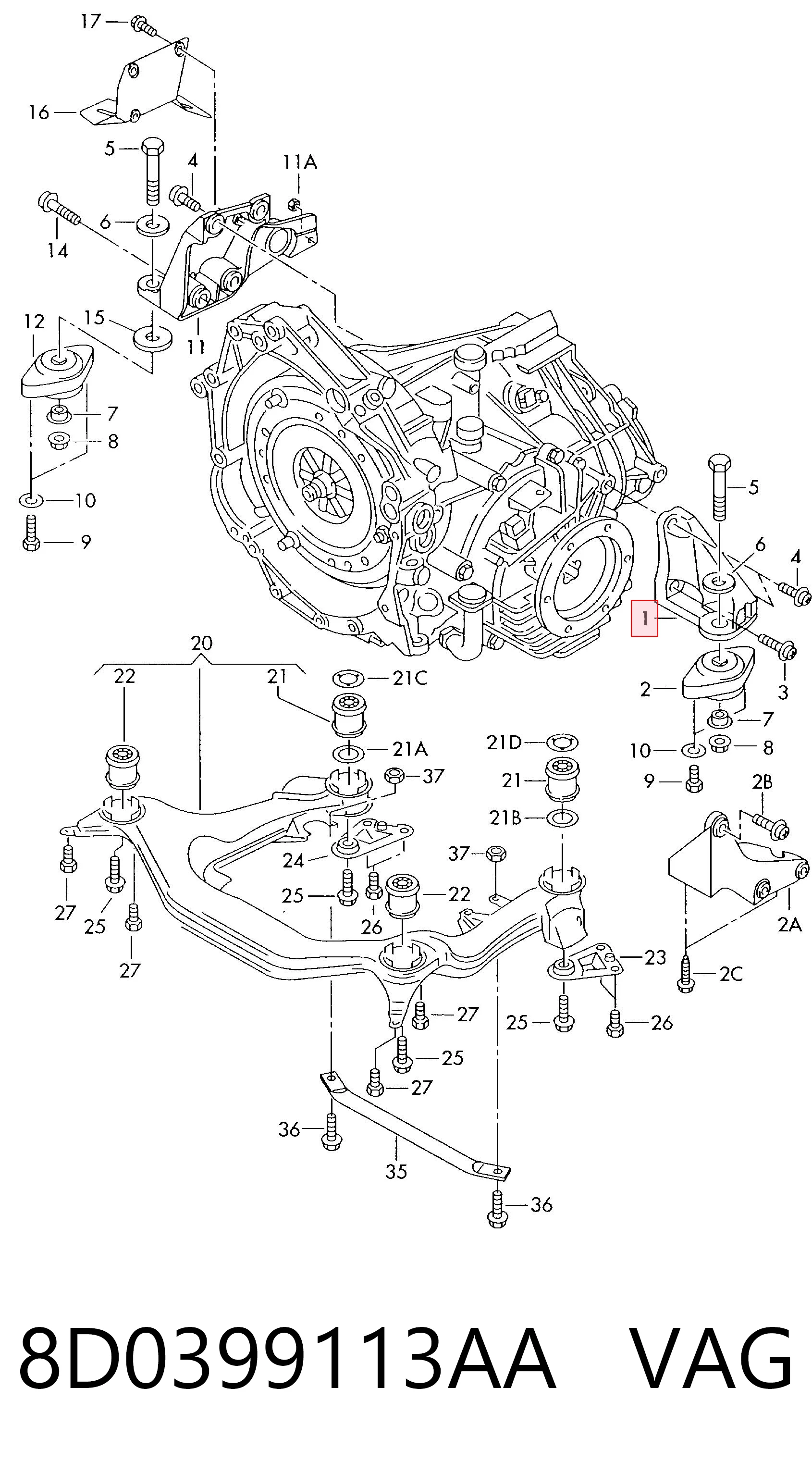 8D0399113AA VAG Кронштейн подушки КПП левый