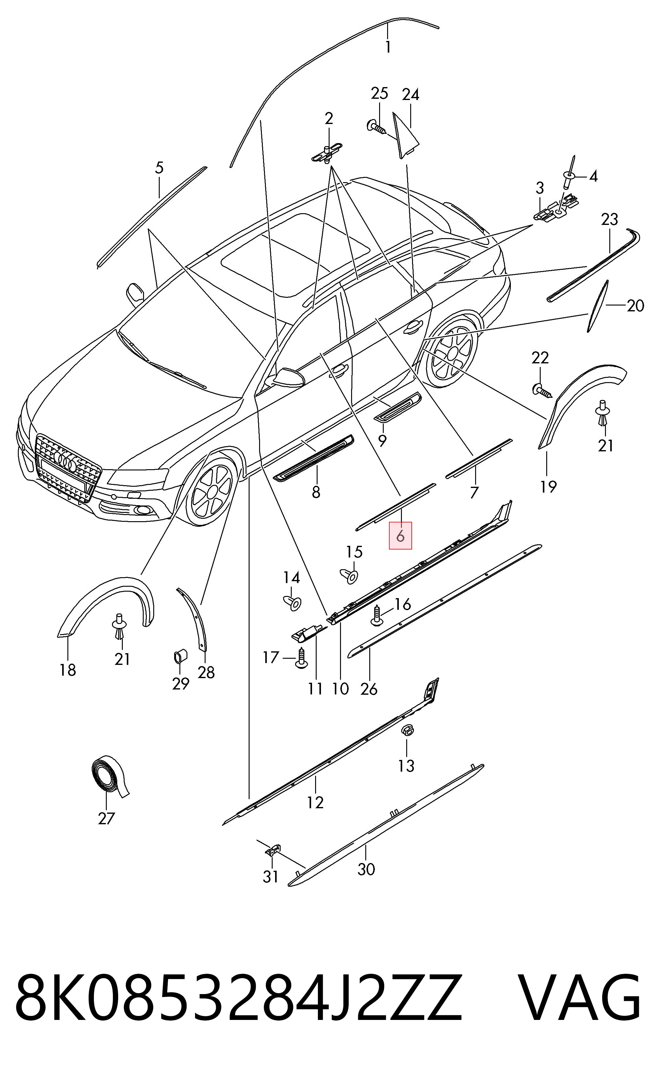 8K0853284J2ZZ VAG Молдинг опускного стекла нижний, двери передней, правой