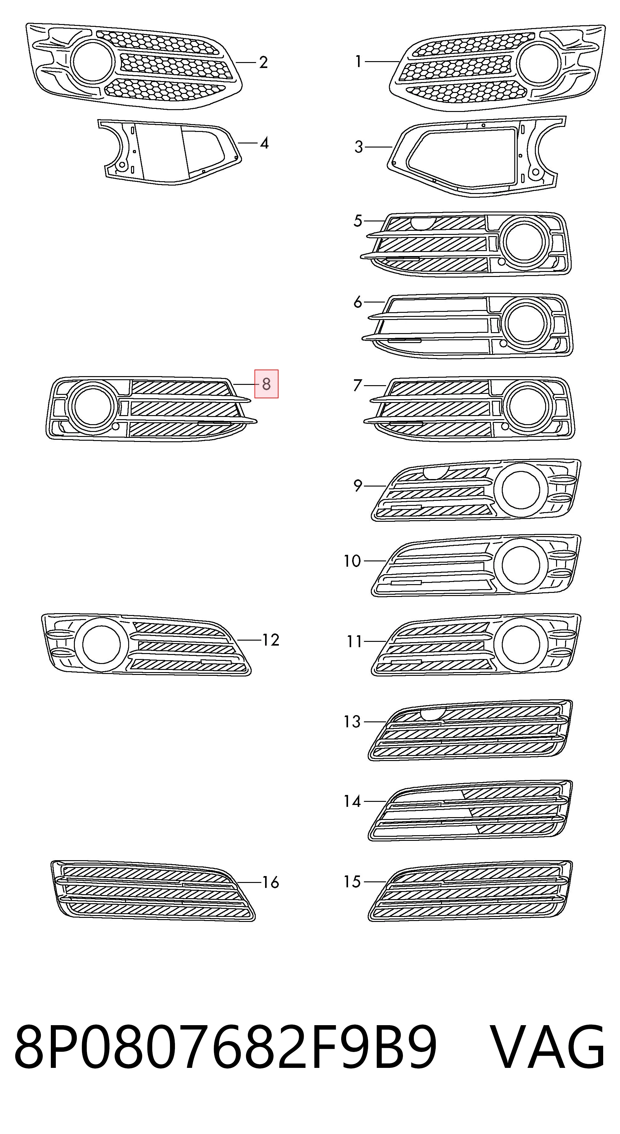 8P0807682F9B9 VAG Правая решетка переднего бампера