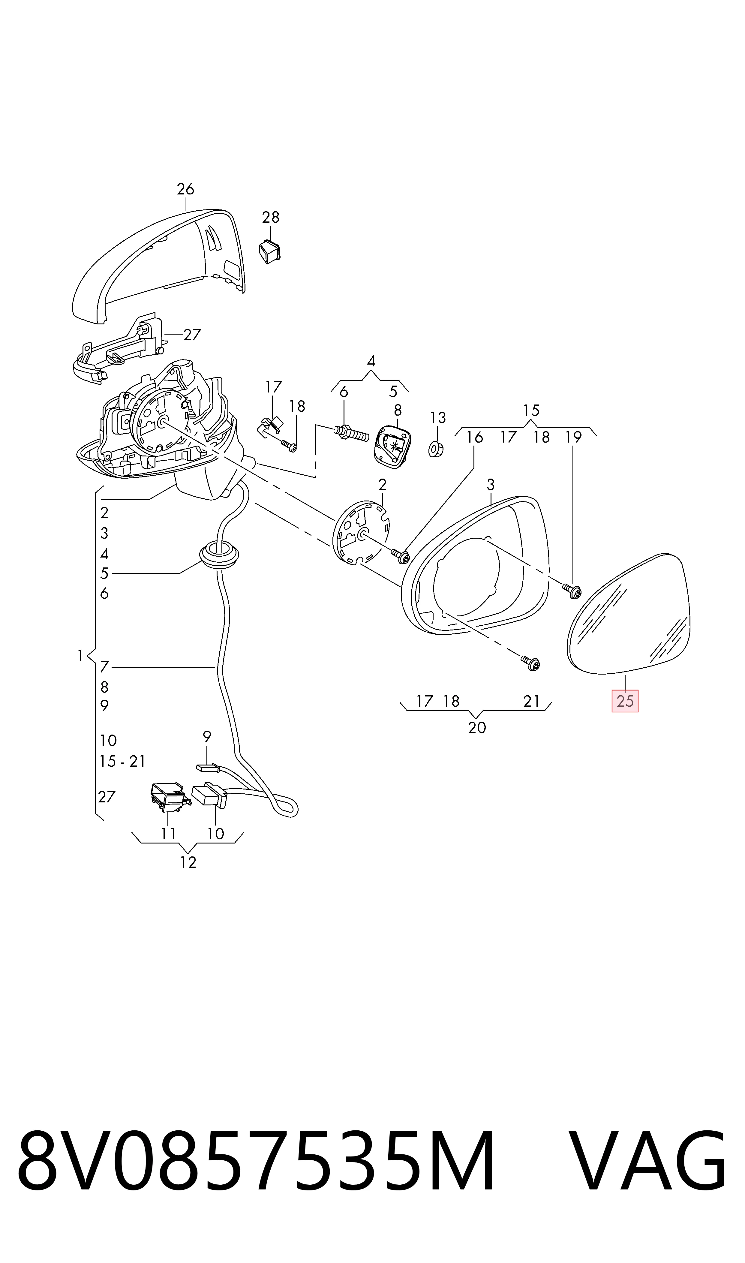 8V0857535M VAG Зеркальный элемент левого зеркала заднего вида