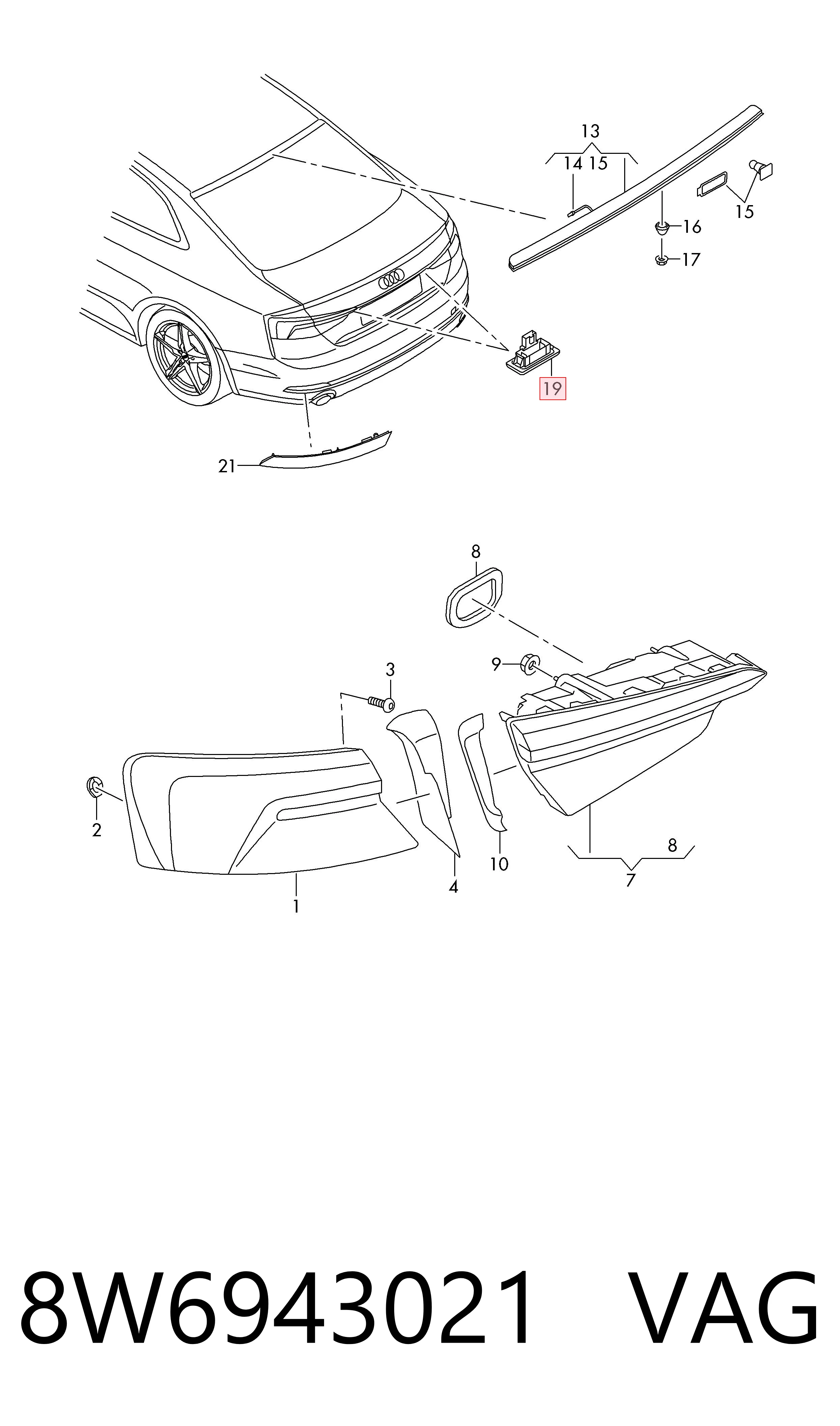 Фонарь подсветки заднего номера Audi A5 Sportback хэтчбек (F5A, F5F) (2016 - 2026) цена, от 5.07 USD