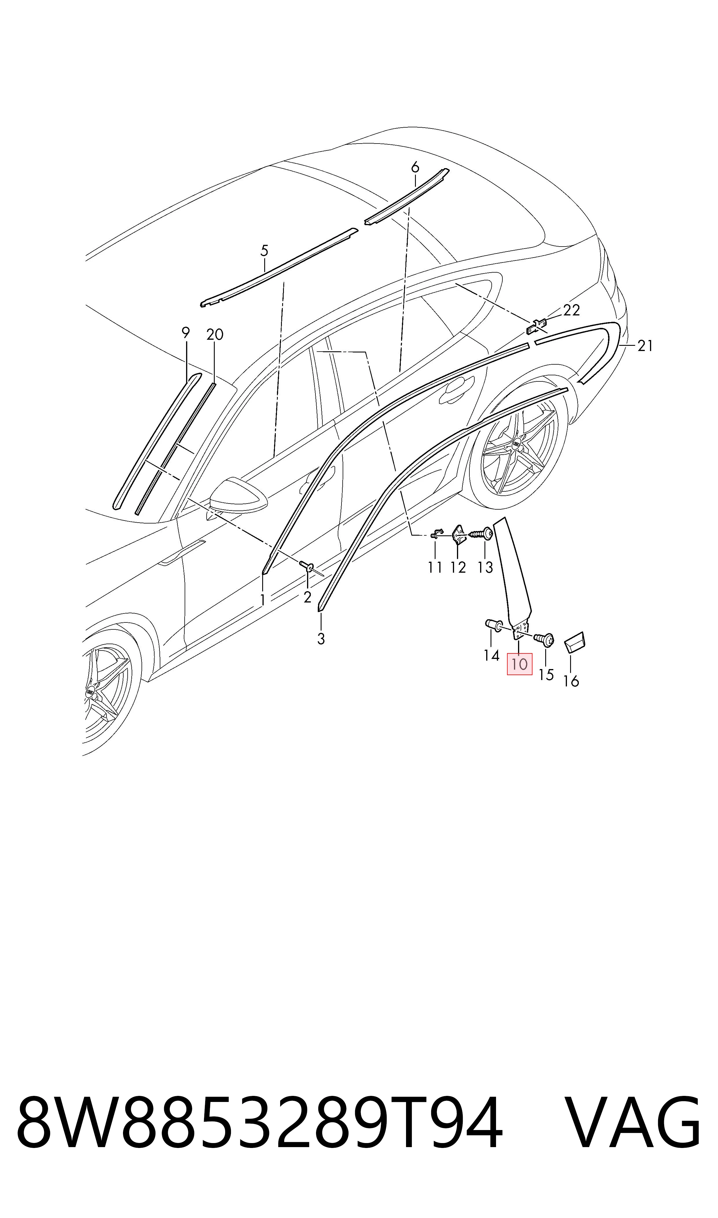 8W8853289T94 VAG Накладка стойки кузова внешняя центральная левая