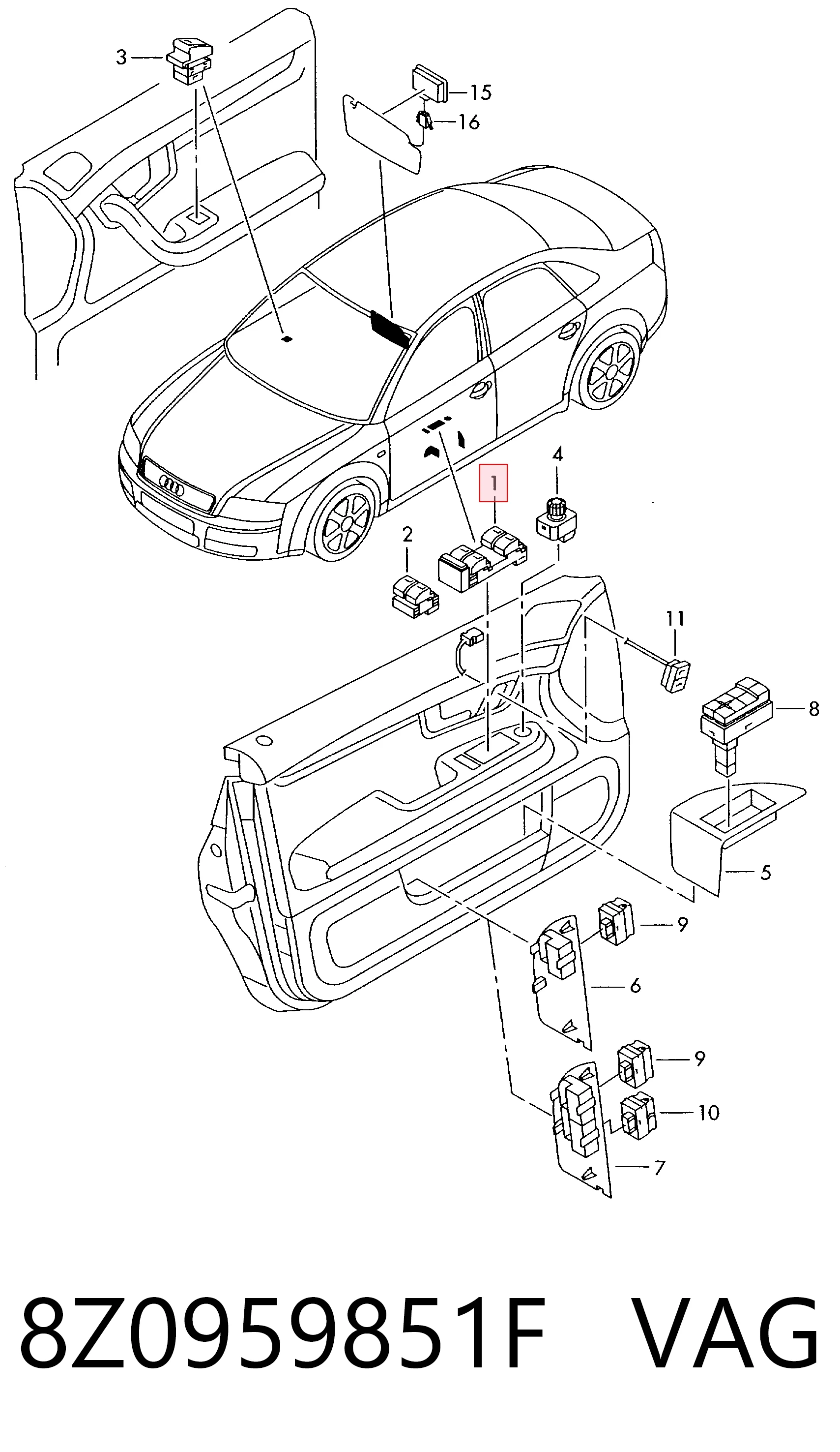 8Z0959851F VAG Кнопки переднего левого стекло подъёмника