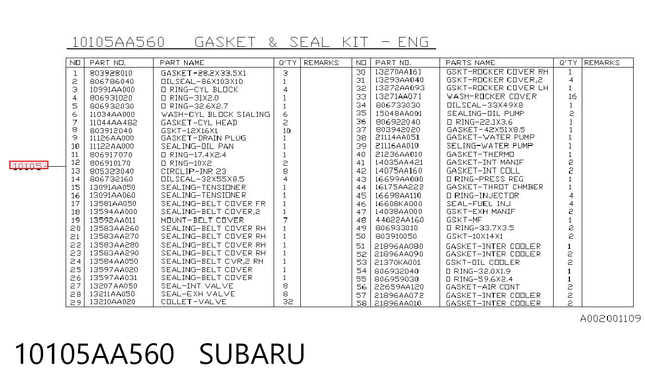 10105AA560 Subaru Комплект прокладок на двигатель
