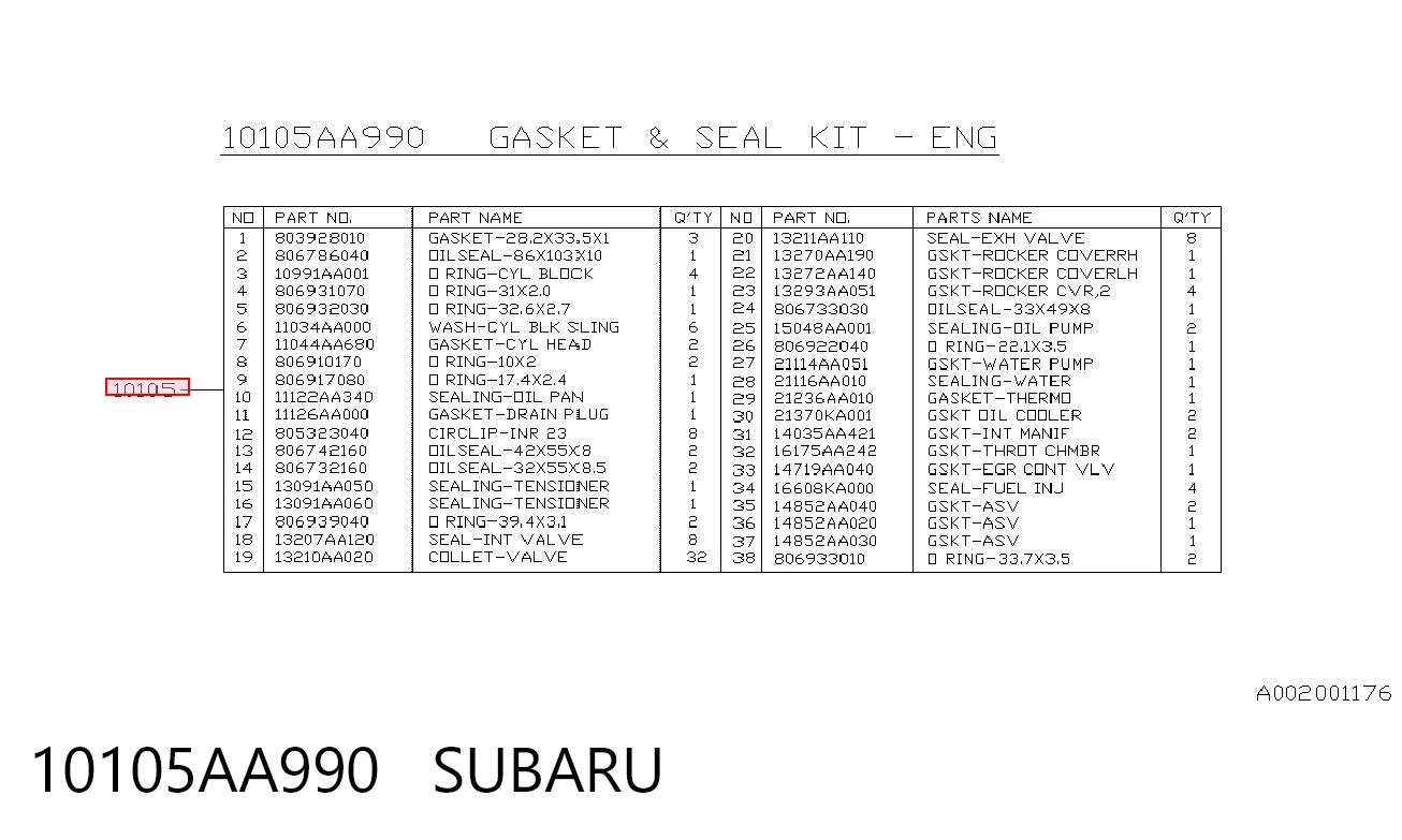 10105AA990 Subaru Комплект прокладок на двигатель