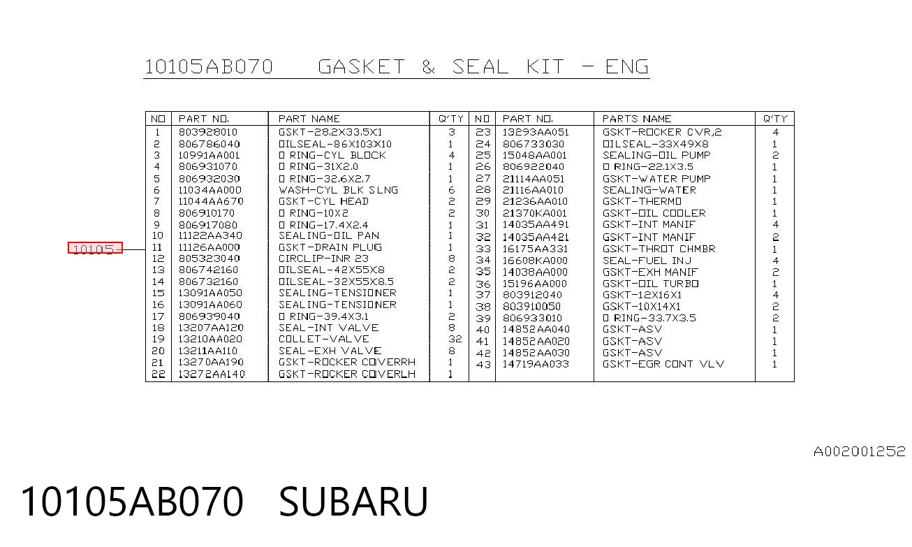 10105AB070 Subaru Комплект прокладок на двигатель