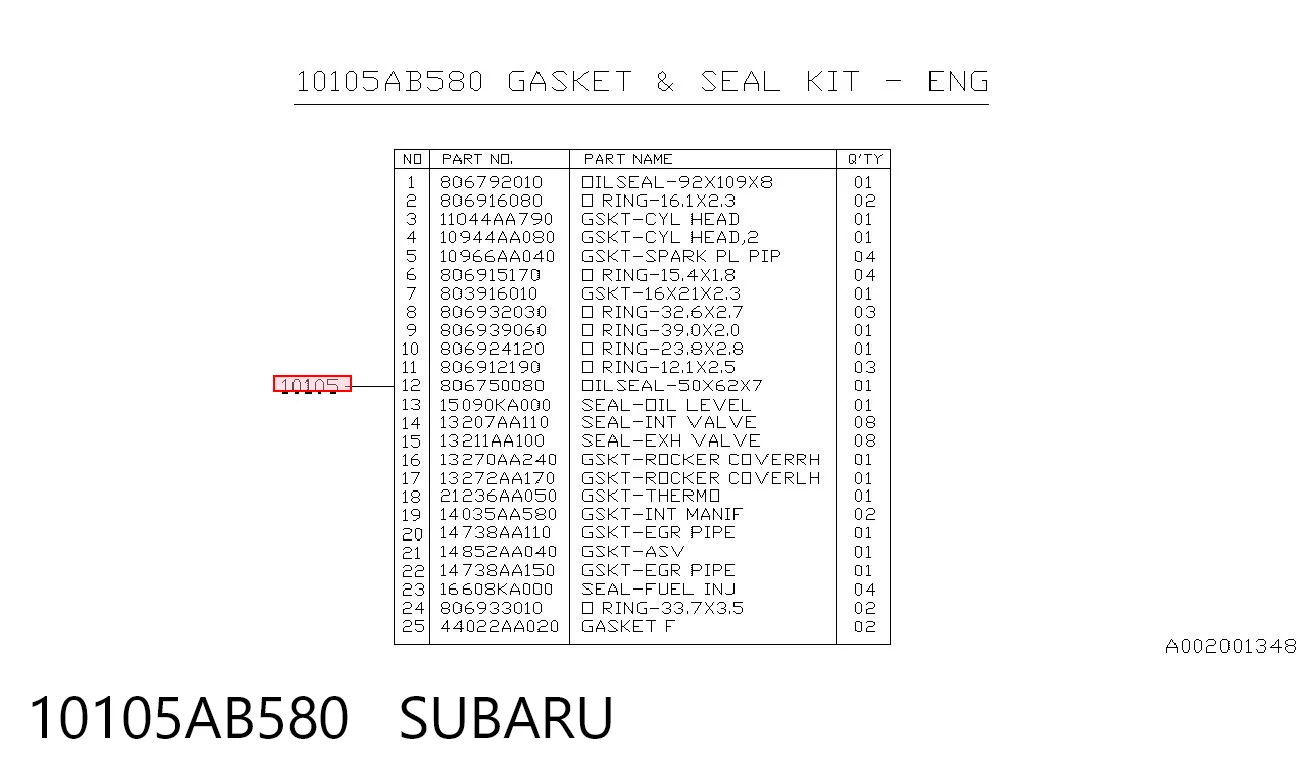10105AB580 Subaru Комплект прокладок на двигатель