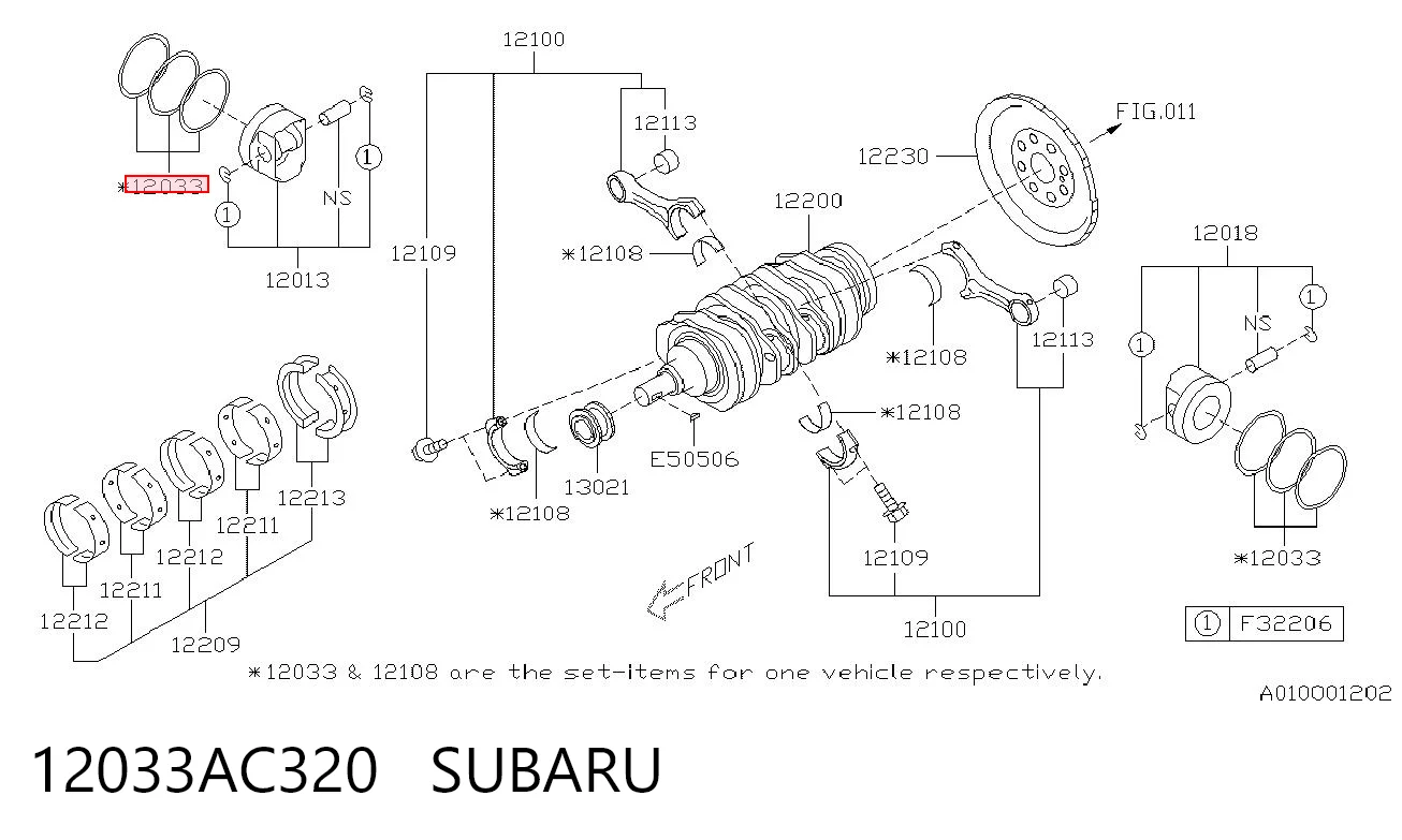 12033AC320 Subaru Кольца поршневые комплект на мотор, 2-й ремонт (+0,50)