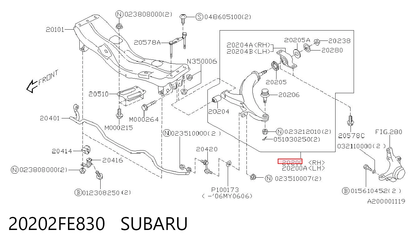 20202FE830 Subaru Рычаг передней подвески нижний, правый