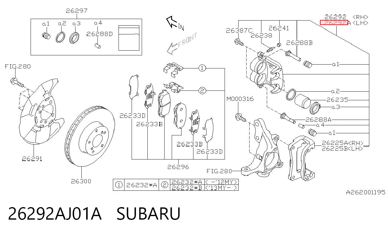 26292AJ01A Subaru Суппорт тормозной, передний, левый