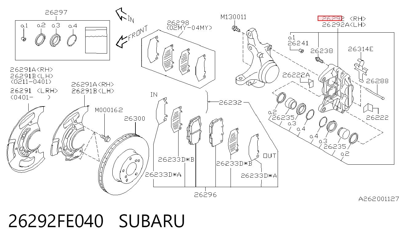 26292FE040 Subaru Суппорт тормозной, передний, правый