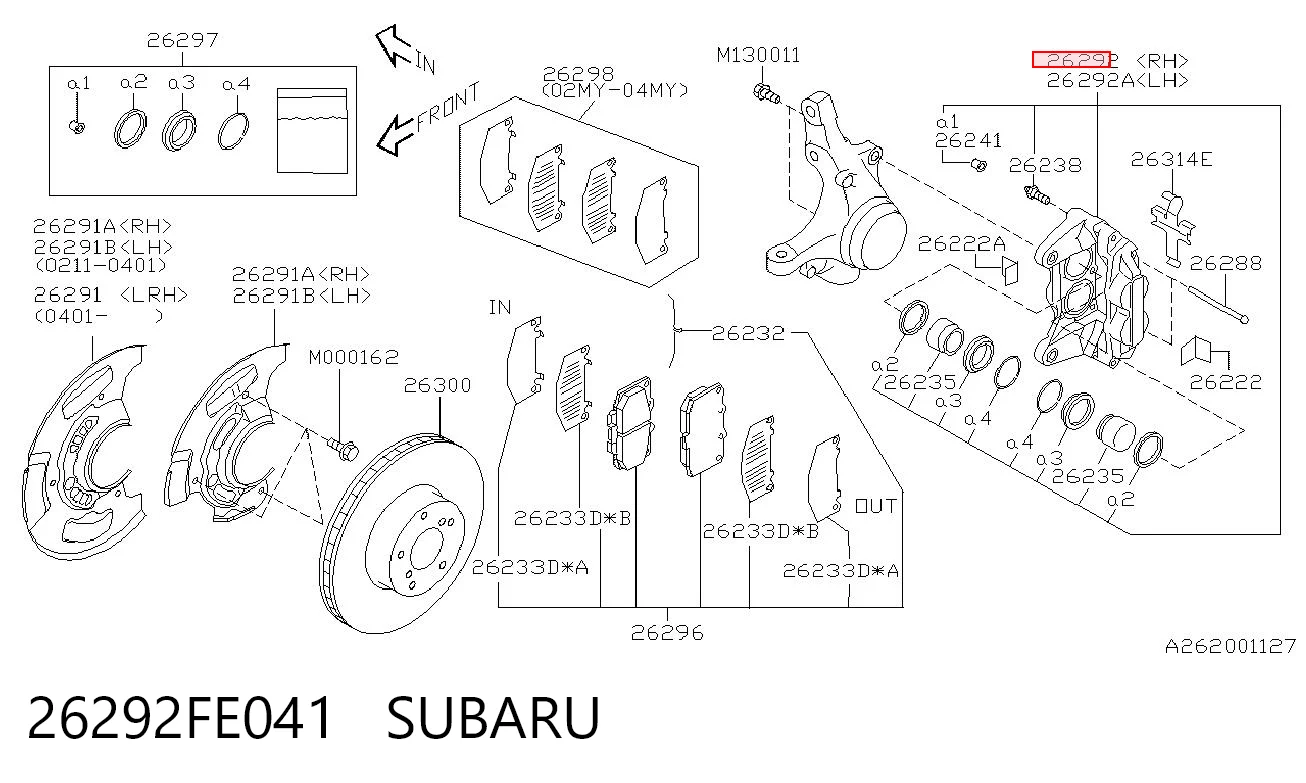 26292FE041 Subaru Суппорт тормозной, передний, правый