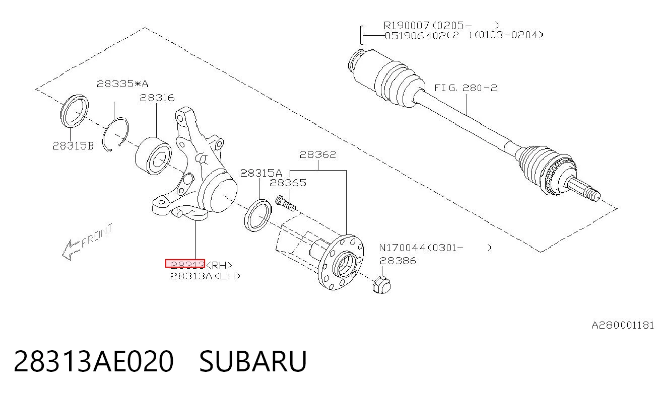 28313AE020 Subaru Цапфа - поворотный кулак передний, правый