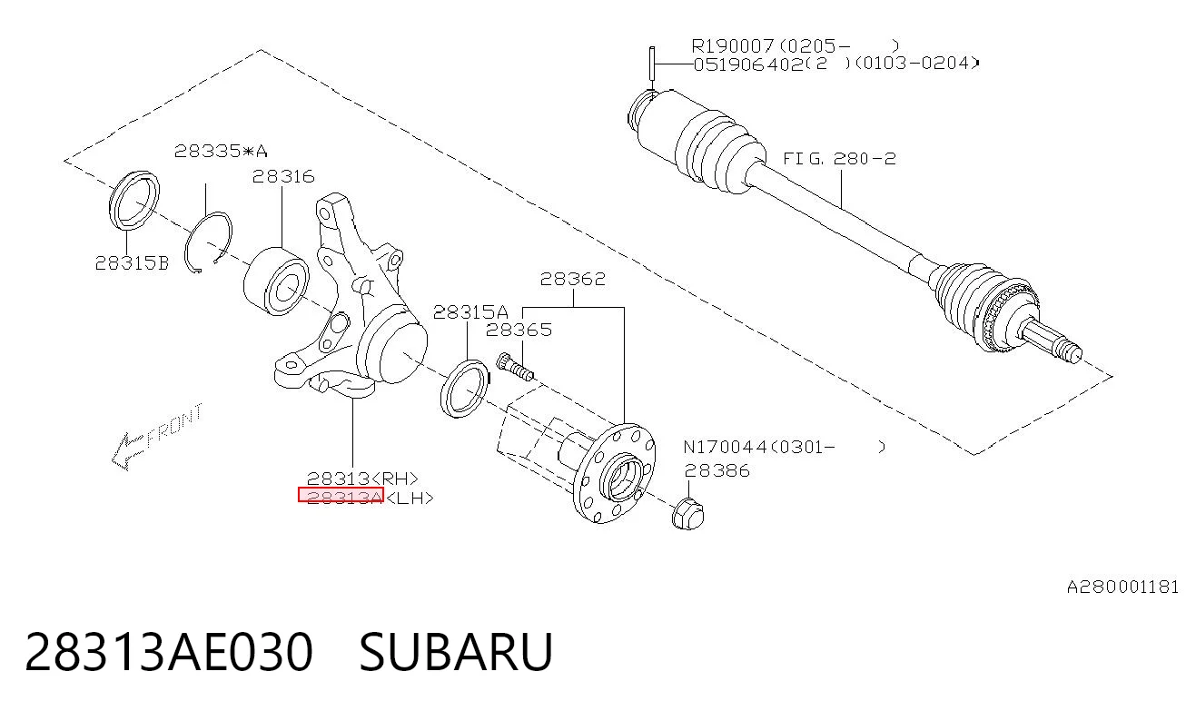 28313AE030 Subaru Цапфа - поворотный кулак передний, левый