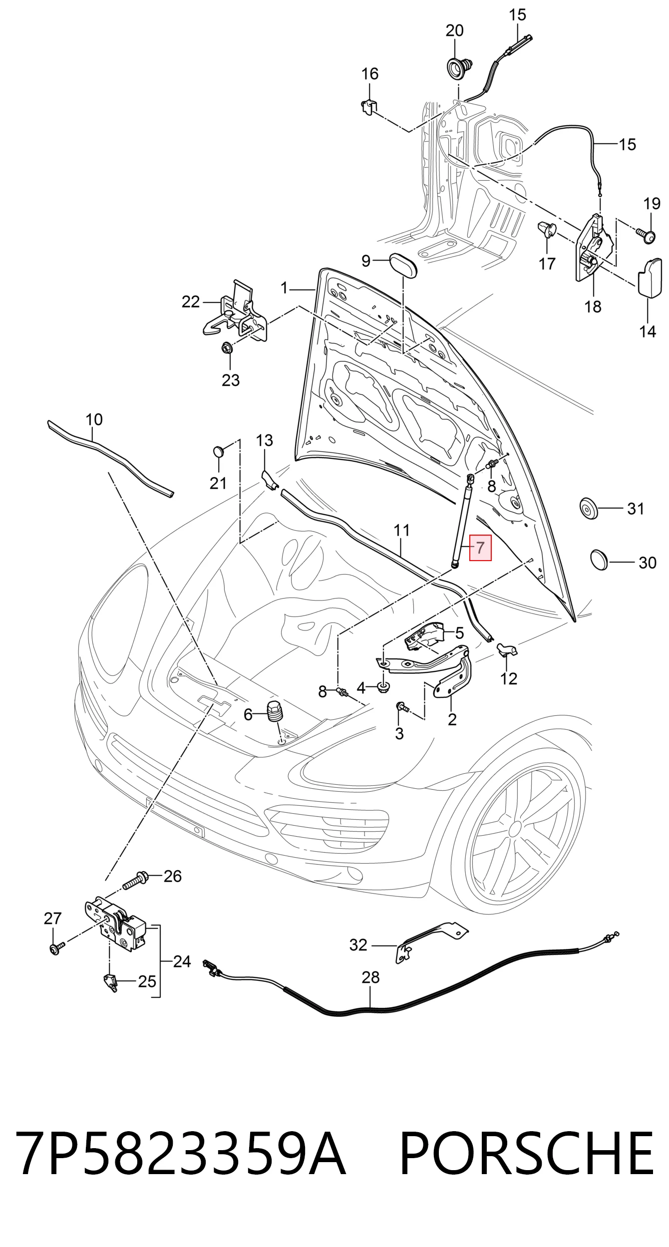 7P5823359A Porsche Стойка капота