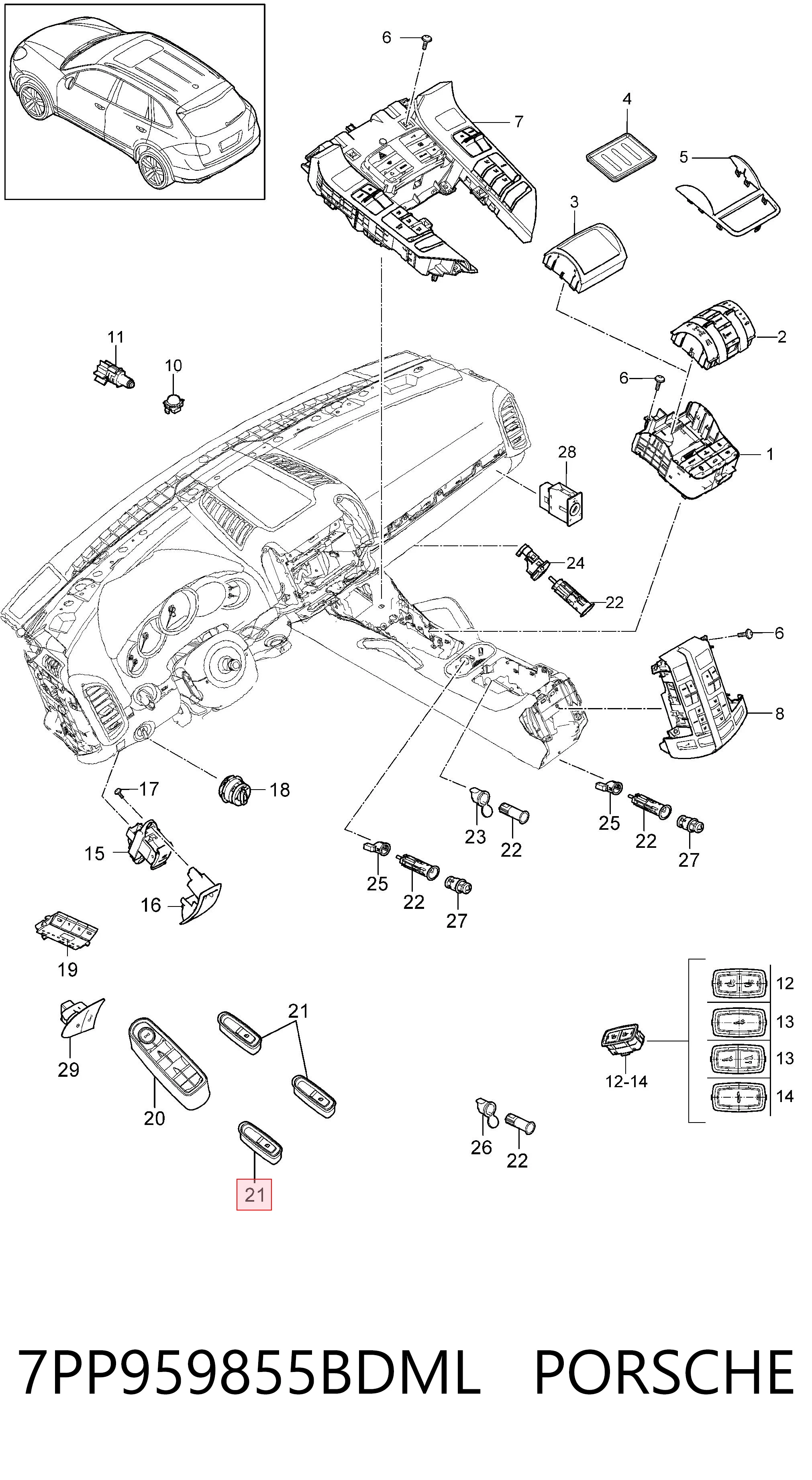 7PP959855BDML Porsche Кнопка подъемника переднего правого стекла
