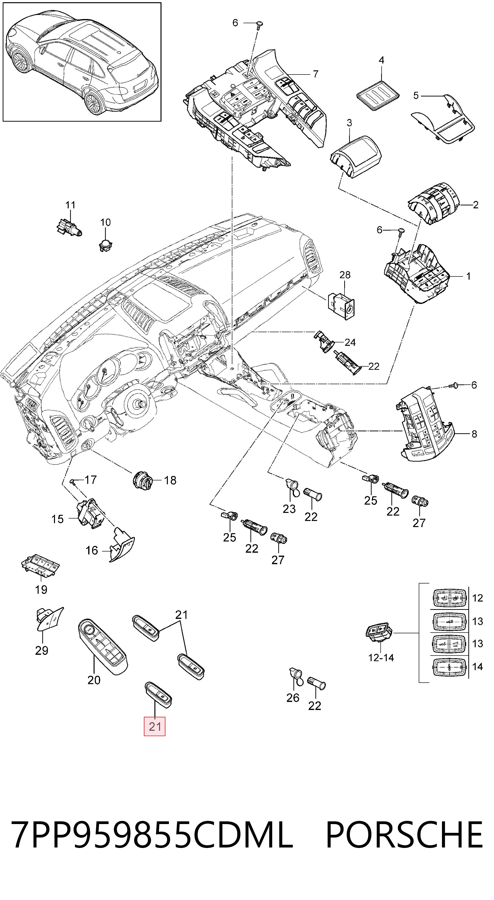 7PP959855CDML Porsche Кнопка подъемника переднего правого стекла