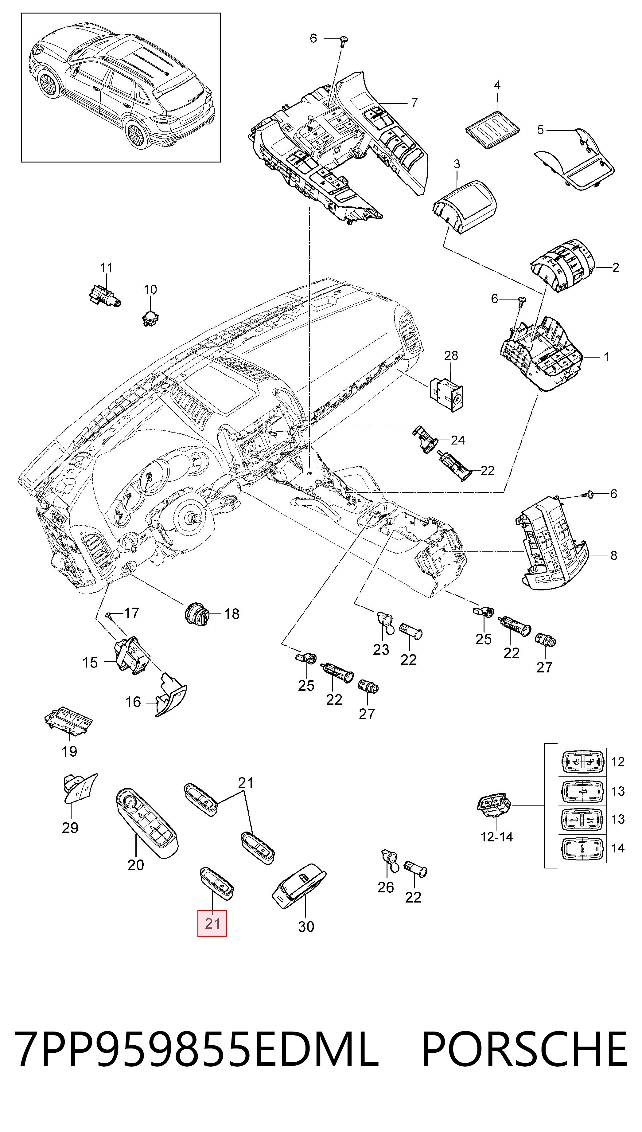 7PP959855EDML Porsche Кнопка подъемника переднего правого стекла