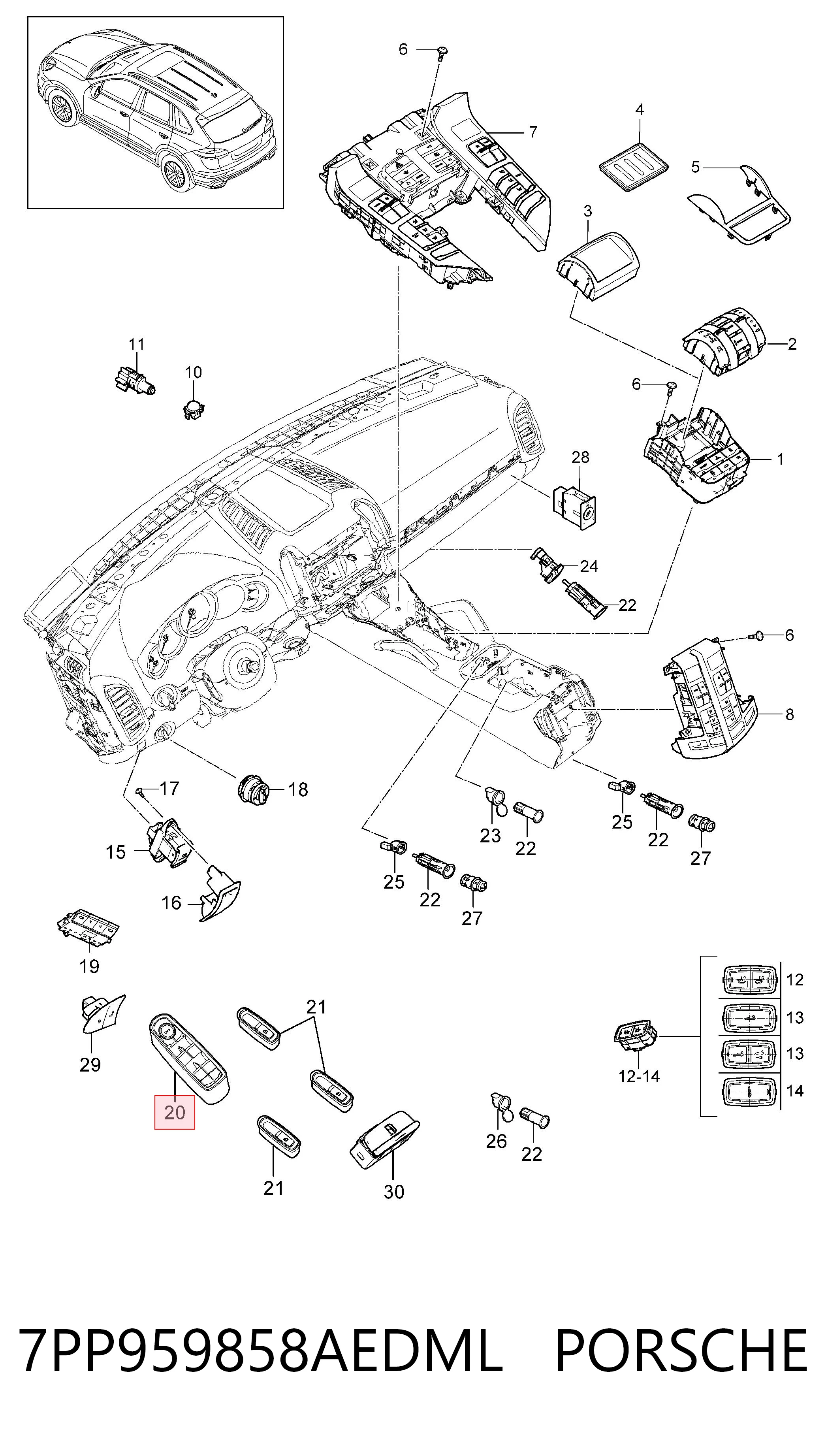 7PP959858AEDML Porsche Кнопки переднего левого стекло подъёмника