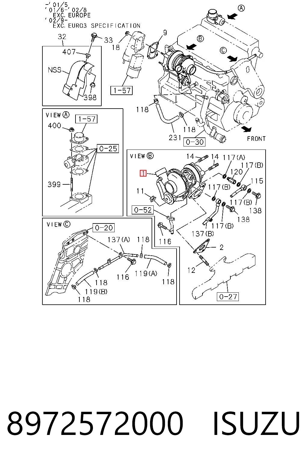 8972572000 Isuzu Монтажный комплект прокладки турбины
