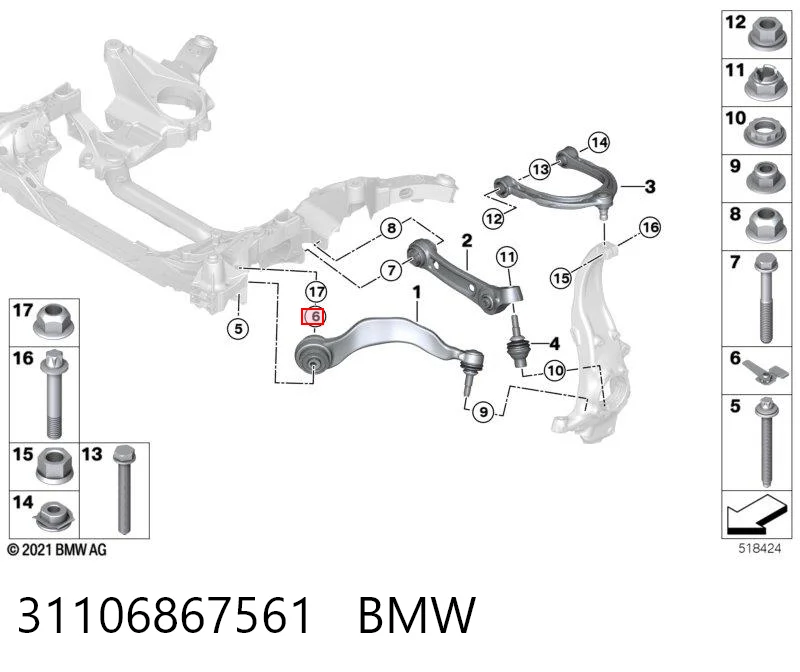 Гайка болта крепления переднего рычага, нижнего 31306760349 BMW