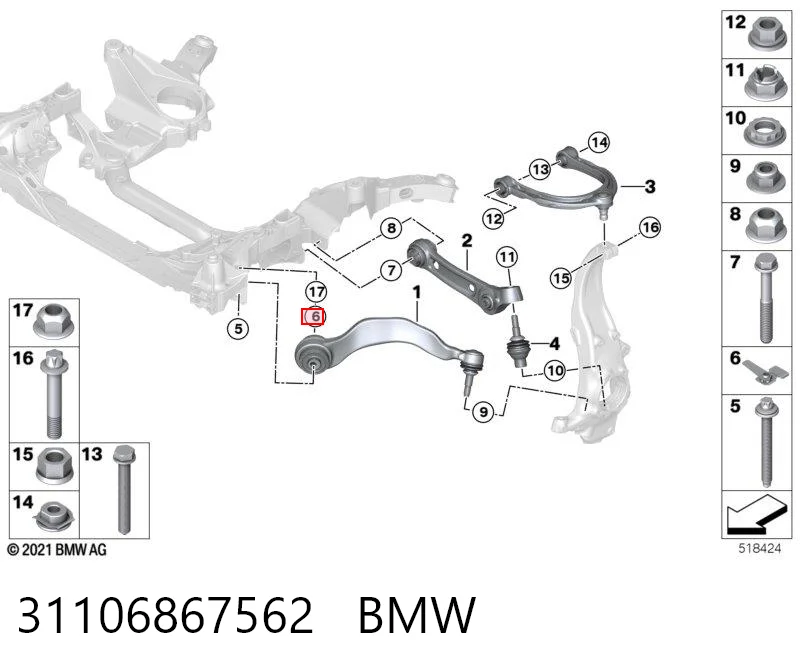 Гайка болта крепления переднего рычага, нижнего BMW 31306760349