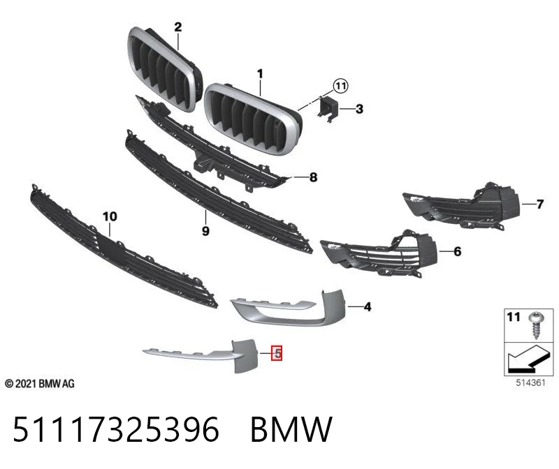 51117325396 BMW Молдинг решетки переднего бампера, правый