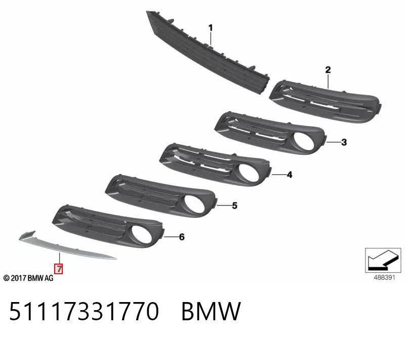 51117331770 BMW Молдинг решетки переднего бампера, правый