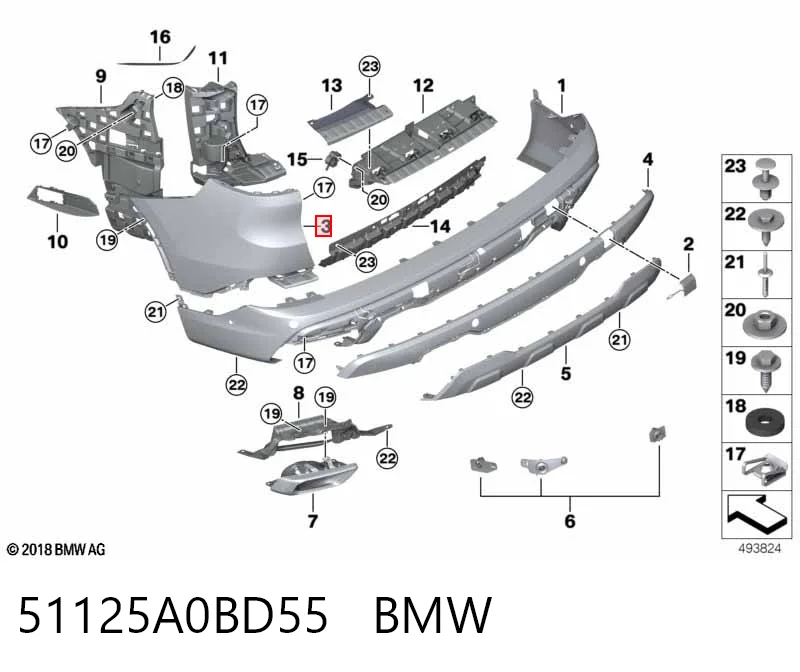 51125A0BD55 BMW Клык заднего бампера левый