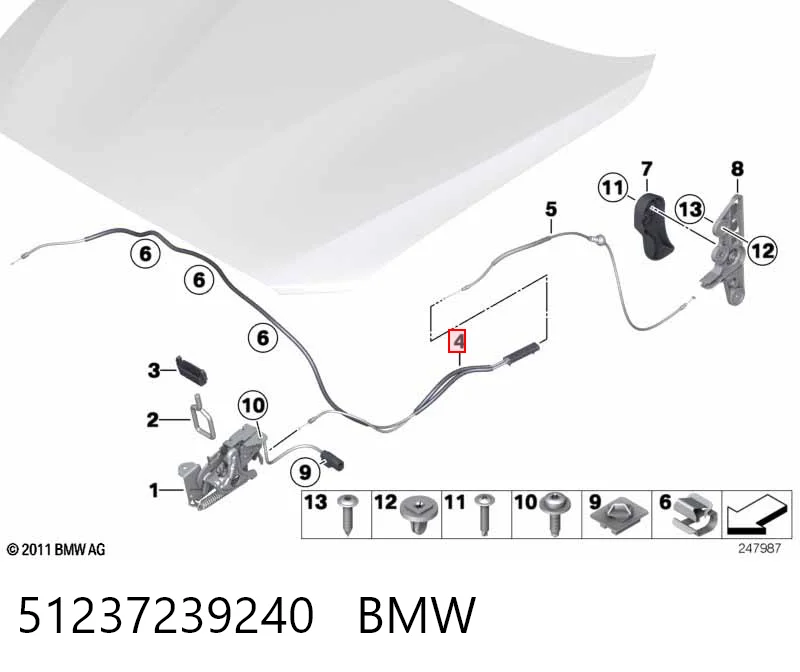 51237239240 BMW Трос открывания капота передний
