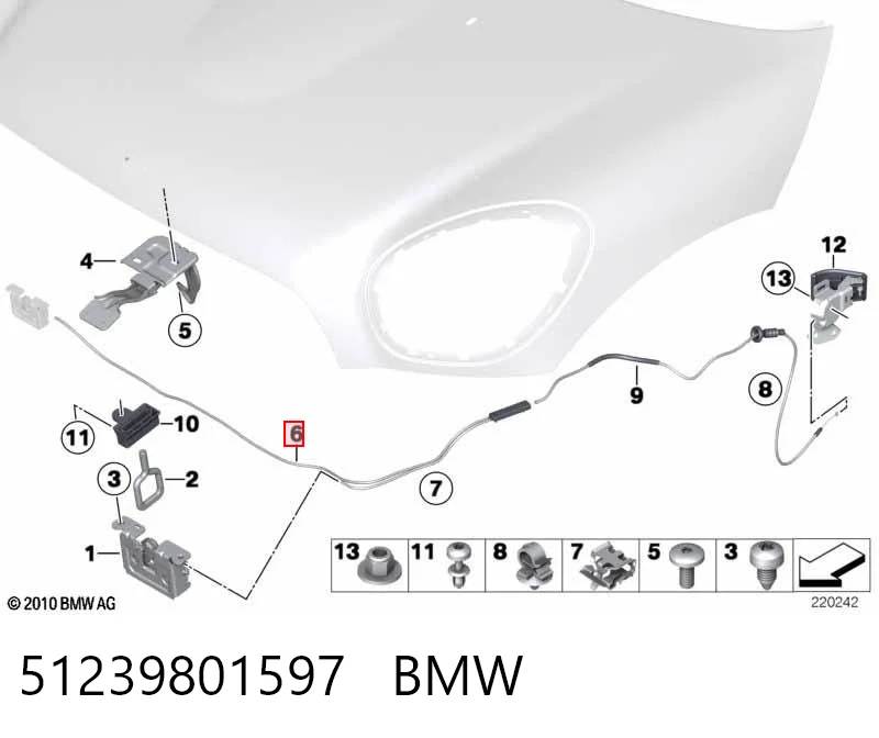 51239801597 BMW Трос открывания капота передний