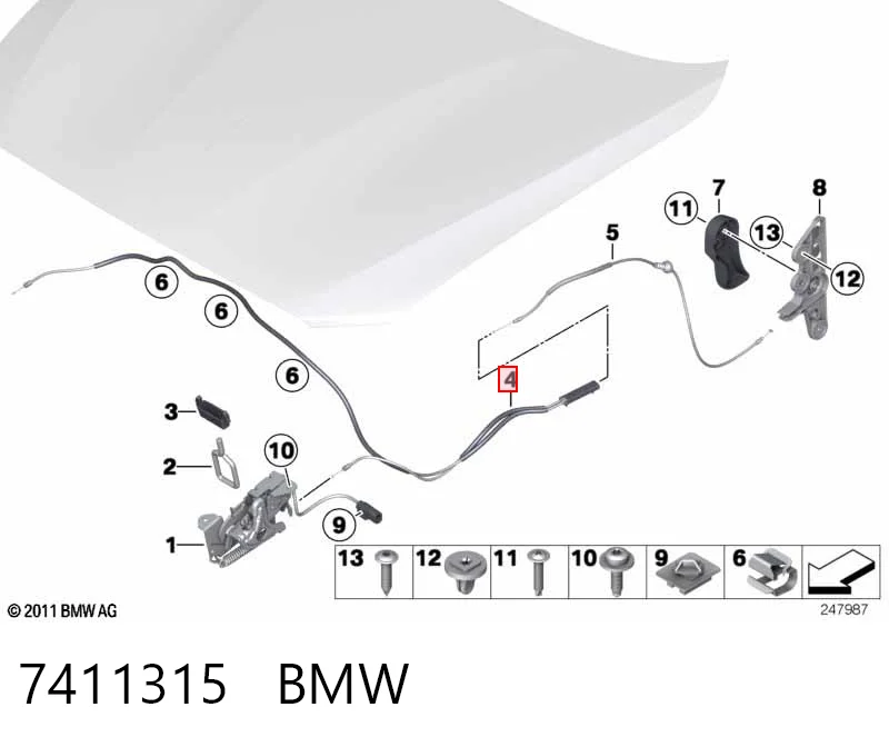 7411315 BMW Трос открывания капота передний